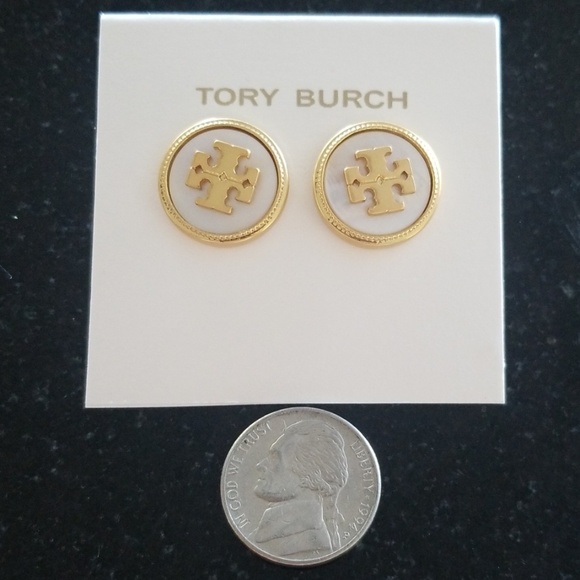 Tory Burch Gold & White Logo M. O. Pearl Earrings - Picture 5 of 6